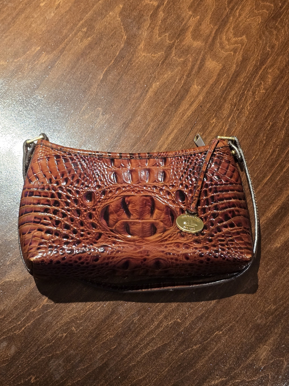 Brahmin Chestnut Croc-Embossed Leather Purse with Signature Gold Medallion